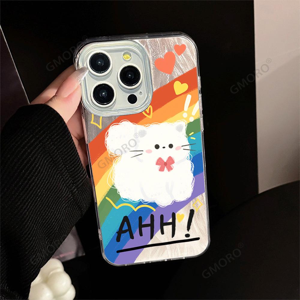 Creative Rainbow Cat is suitable for Apple 15 mobile phone case, cute iPhone17promax anti-drop hard case protective case.
