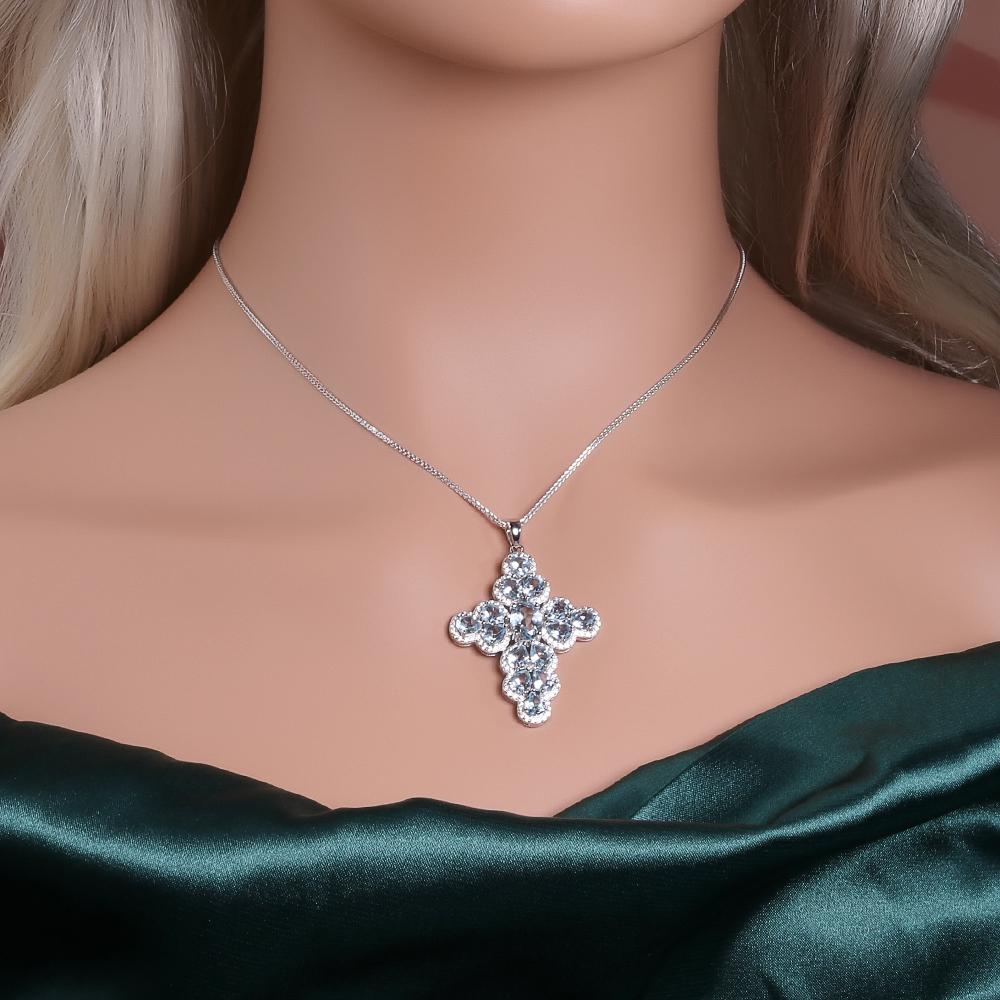 S925 Silver Pendant Necklace,cross Deisgn with Natural Real Gemstone Sky Blue Topaz Fine Jewelry Elegant and Noble Female Gift