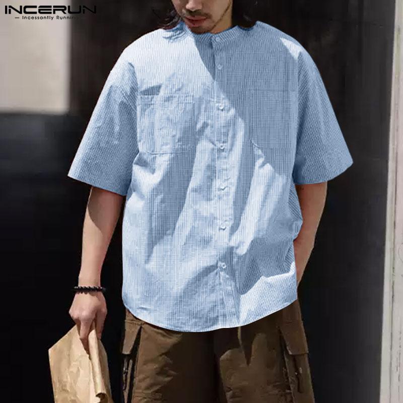 

INCERUN Men Henley Shirt Summer Button Down Striped Casual Loose Tops S чорний
