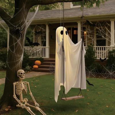 Halloween Hanging Swing Ghost Decor LED Adjustable Ghost Decorations Battery Powered Lighted Swing Pendant for Porch Yard Trees