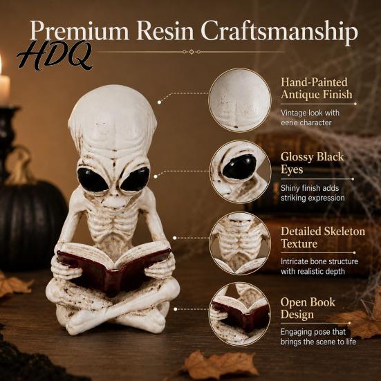 Spooky Halloween Window Displays Alien Cross Legged Reading Book Skeleton Figurine, Resin Sci-Fi Gothic Collectible Art Pieces Ornament, Collection