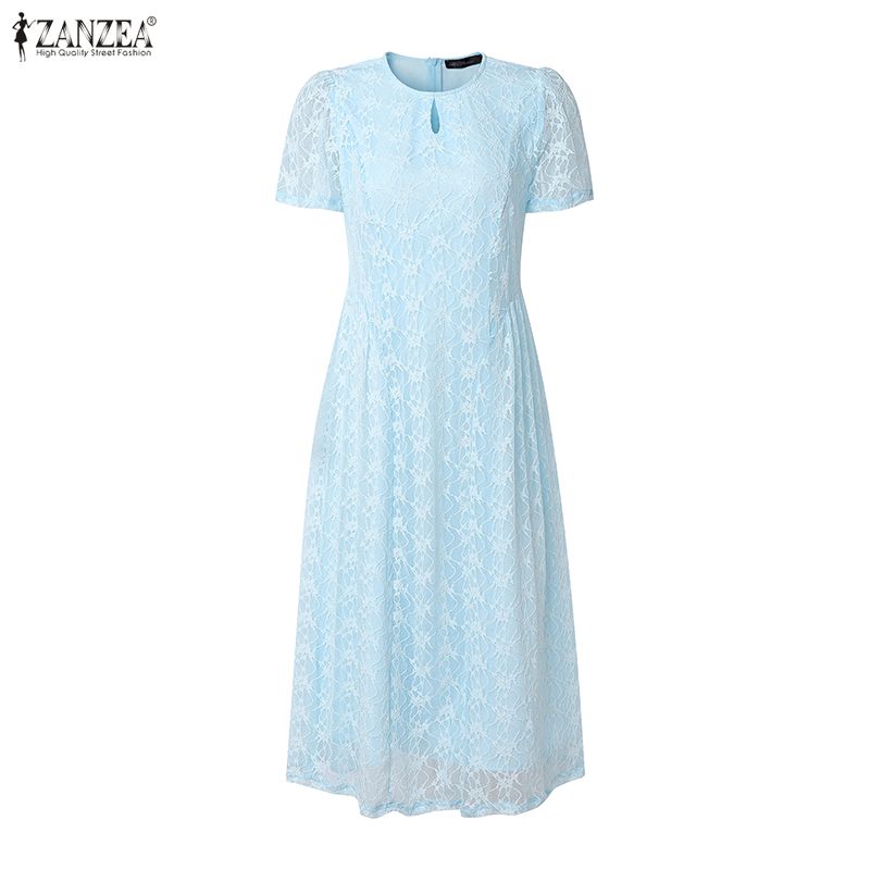ZANZEA Women Casual Round Neck Lace Patchwork Elegant Short Sleeve Dress