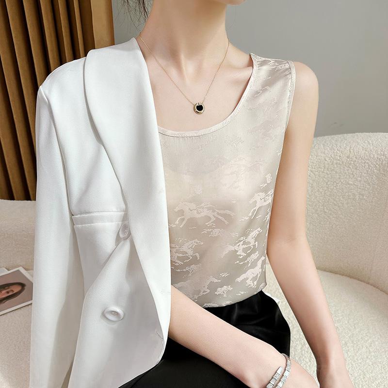 Acetate Satin Round Neck Printed Vest for Women In Summer Simple Smooth and Versatile Sleeveless Suspender Soft and Comfortable Top