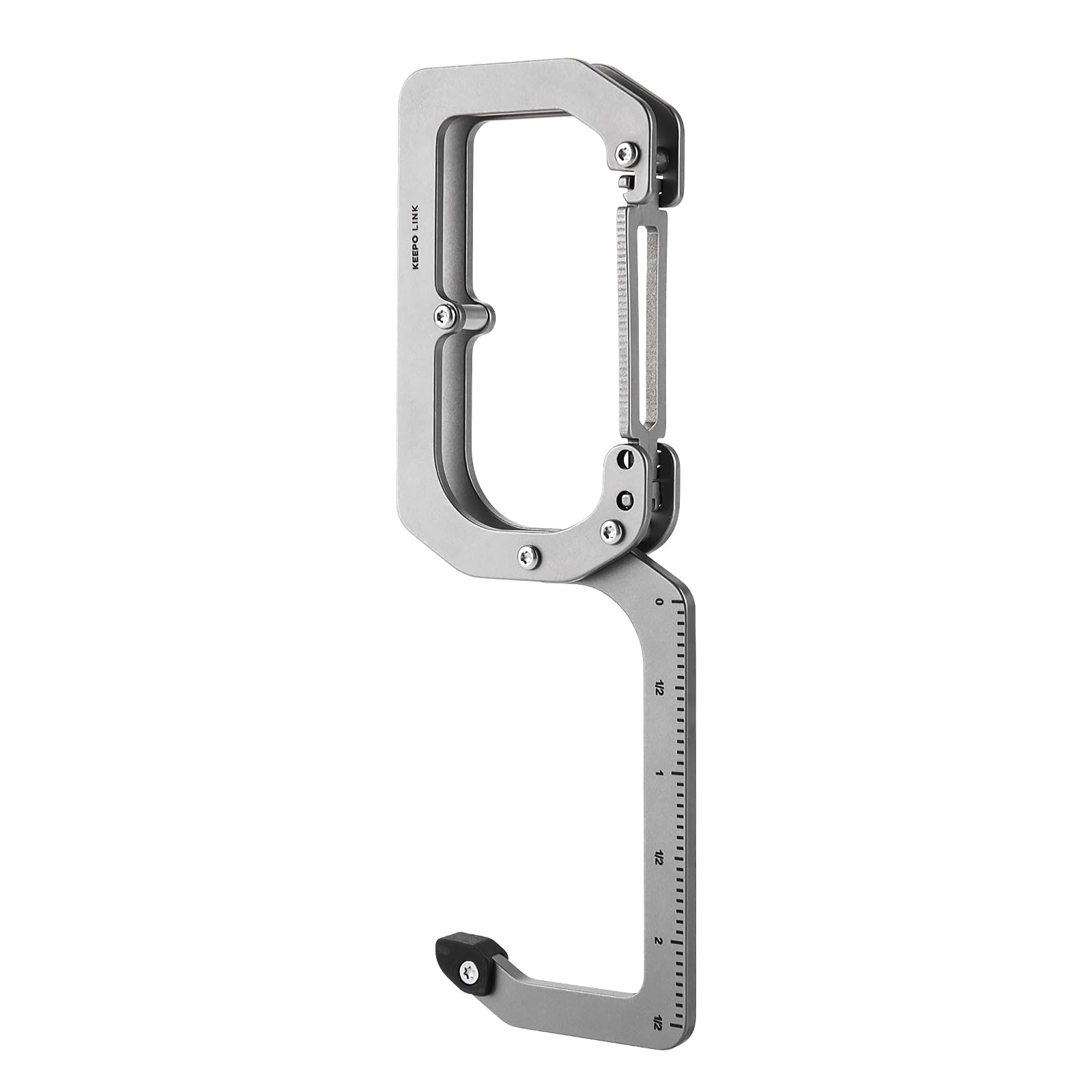 

KEEPO LINK 3-in-1 Titanium EDC Carabiner Keychain Clip with Measuring Function and 180° Folding Table Bag Hook (Outdoor Use) OLL01 (Gunmetal Gray)