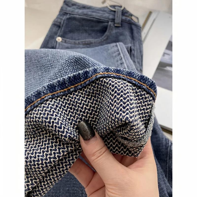 Blue Straight Leg Jeans Women Spring Autumn High Waist Loose Fit Wide Pants