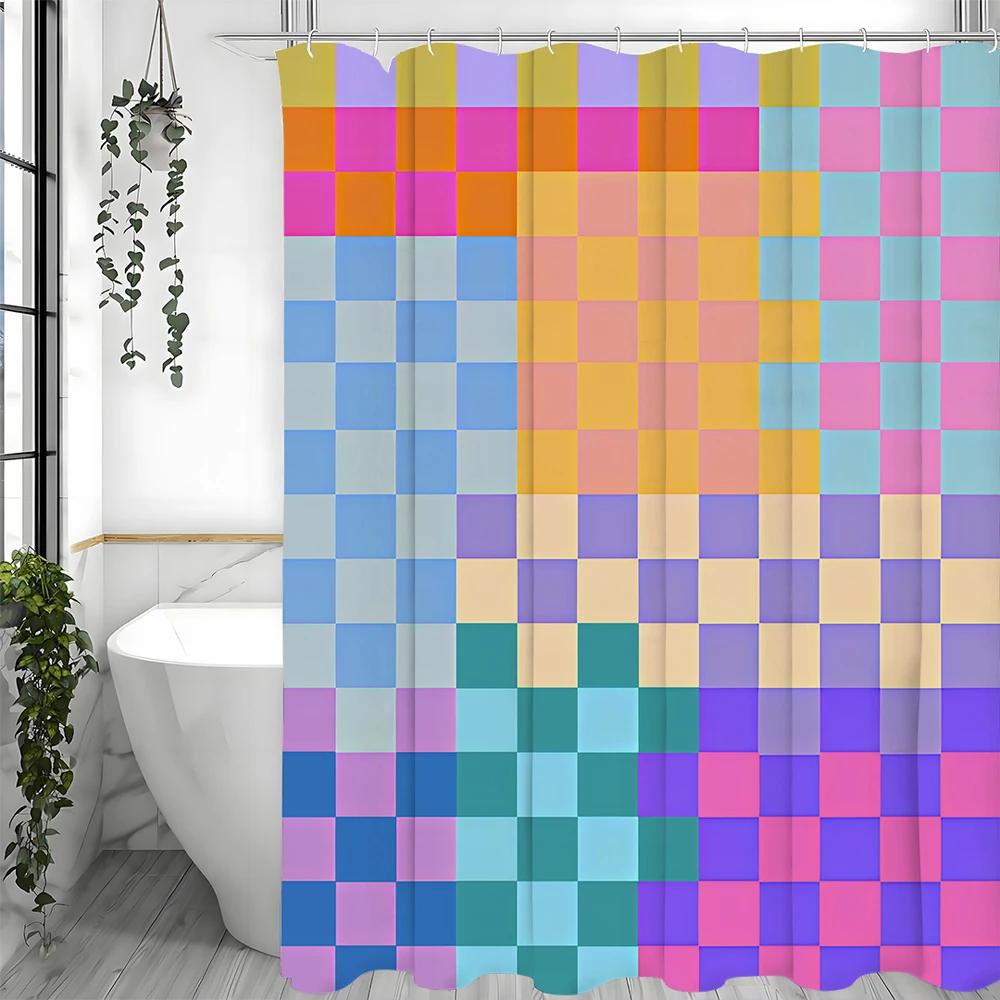 Colorful Gradient Geometric Square Shower Curtain, Bathroom Decorative Shower Curtain, Waterproof Shower Curtain with Hooks