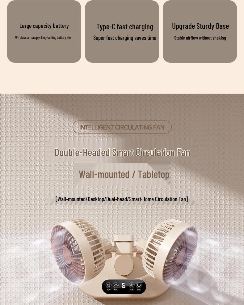 Dual-Head USB Mini Oscillating Desktop Fan with Digital Display for Home and Office
