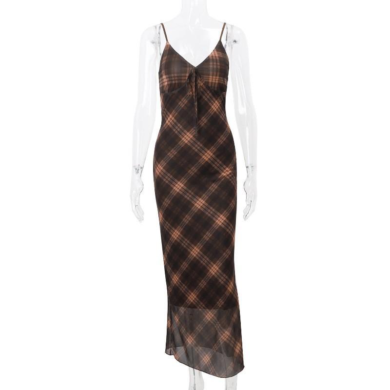 European and American spring new fashion retro plaid pure desire celebrity temperament slim suspender dress women