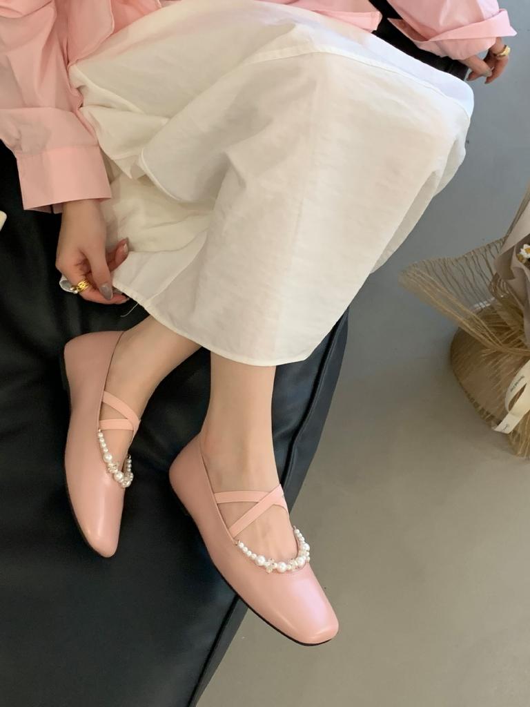 French literary pearl Mary Jane shoes women's cross belt shallow mouth flat bottom small leather shoes one pedal single shoes