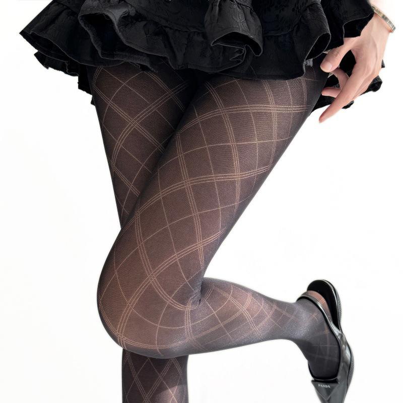 Spicy Diamond Lattice Silk Thigh-High Stockings: Dark Pattern Sexy Tights, One Size, Black