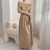 Koreanisches Strickkleid mit Carmen-Ausschnitt für Damen, Herbst, neu, Patchwork, langärmelig, Mode, einfarbig, Party-Langkleid, Winter