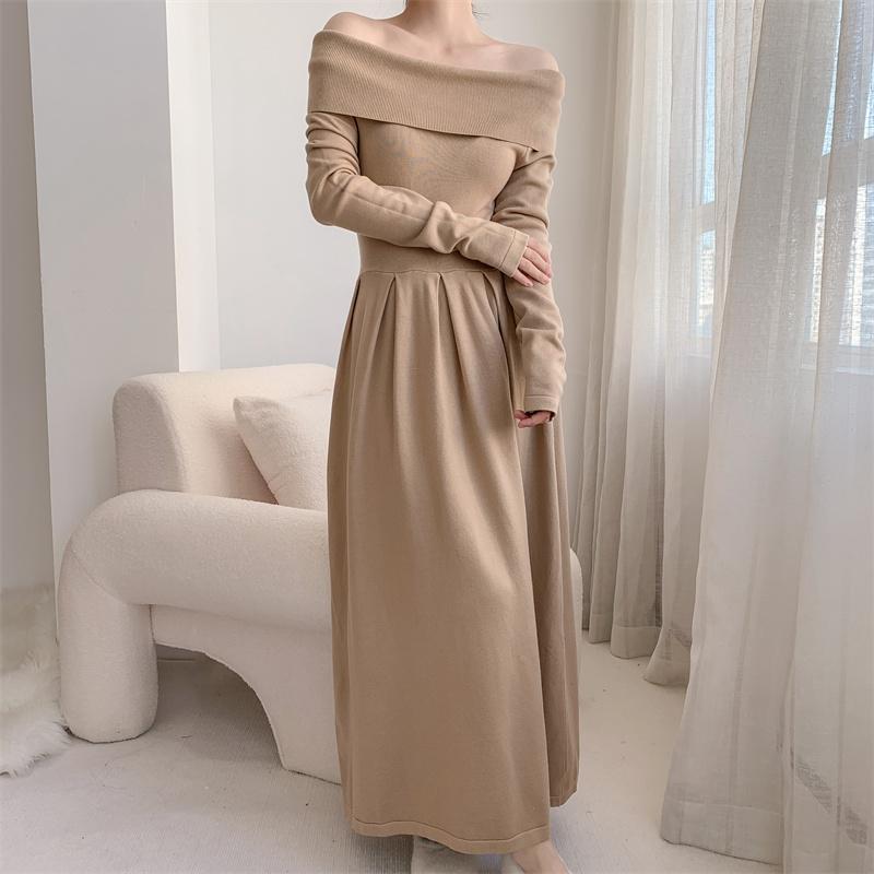 Koreanisches Strickkleid mit Carmen-Ausschnitt für Damen, Herbst, neu, Patchwork, langärmelig, Mode, einfarbig, Party-Langkleid, Winter
