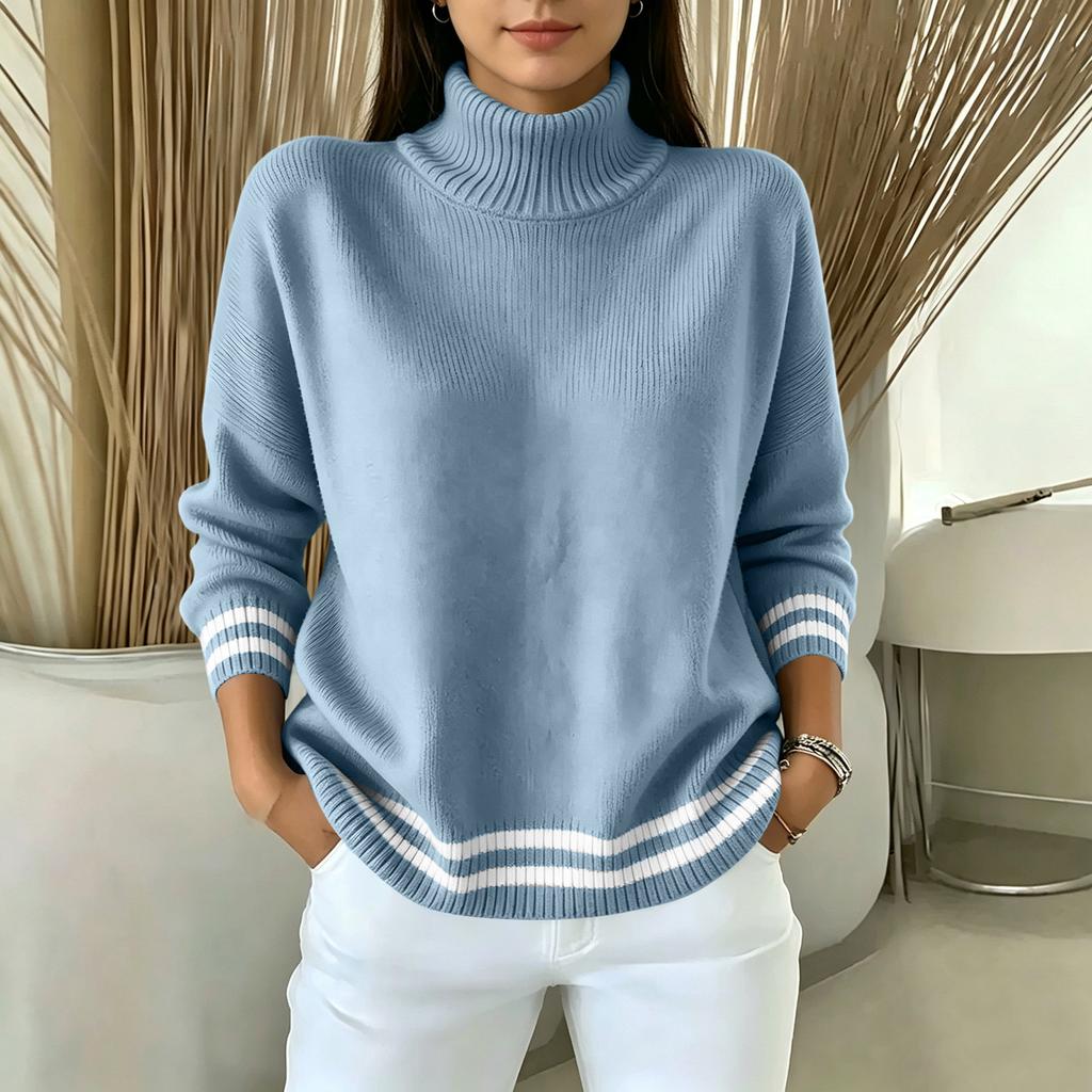 Women's Casual Striped Mock Neck Sweater, Loose Fit Long Sleeve Knit Pullover Top