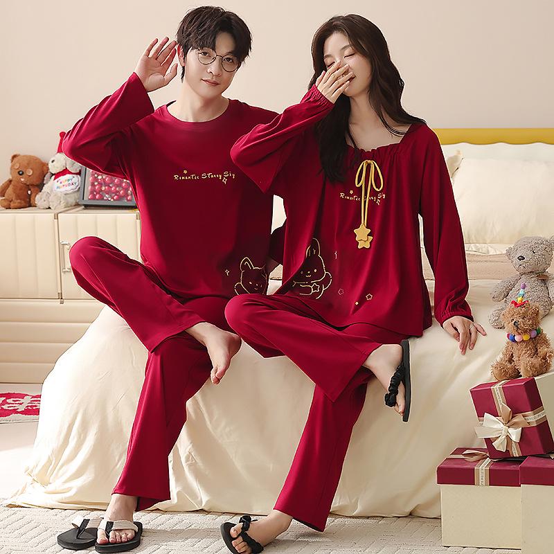 Wine Red Pure Cotton Long Sleeve Pajama Set for Newlywed Couples - Spring & Autumn Festive Homewear