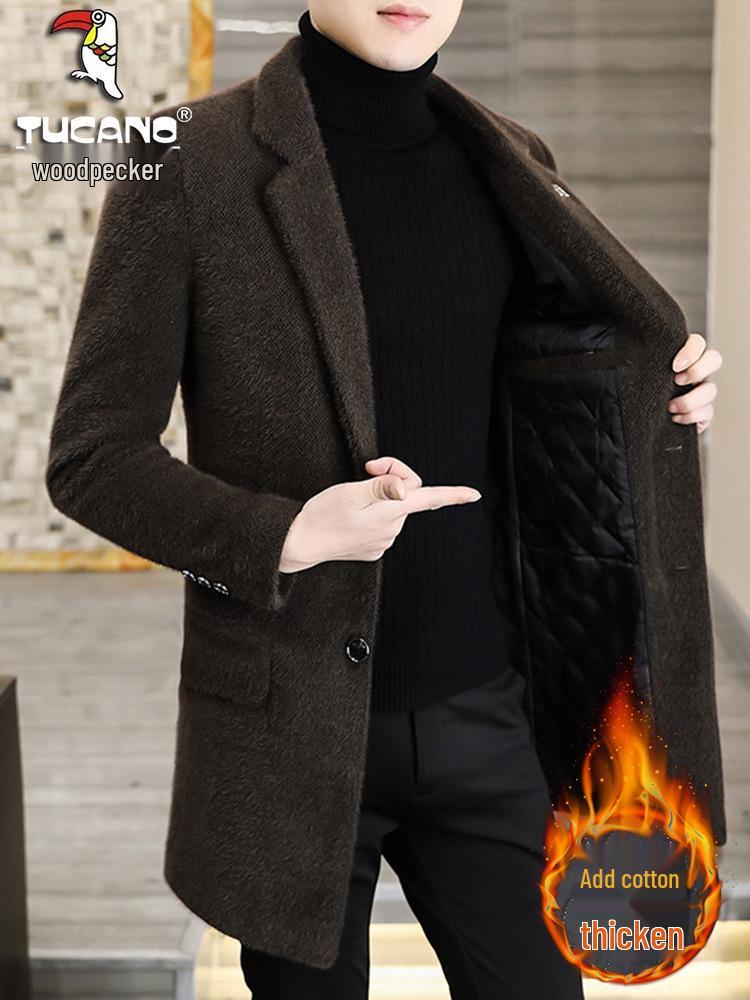 Men's Mid-Length Woolen Trench Coat - Gold Sable Velvet, Thickened, Winter Lapel Style