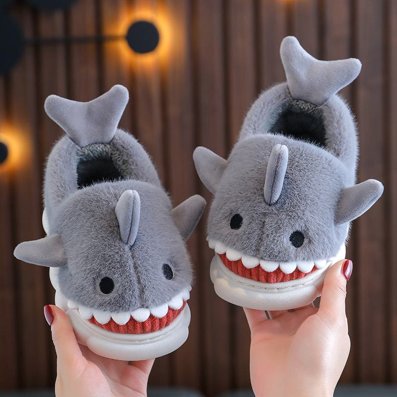 Boys' Cartoon Shark Cotton Slippers: Soft, Warm, Non-Slip Winter Shoes for Indoor Wear