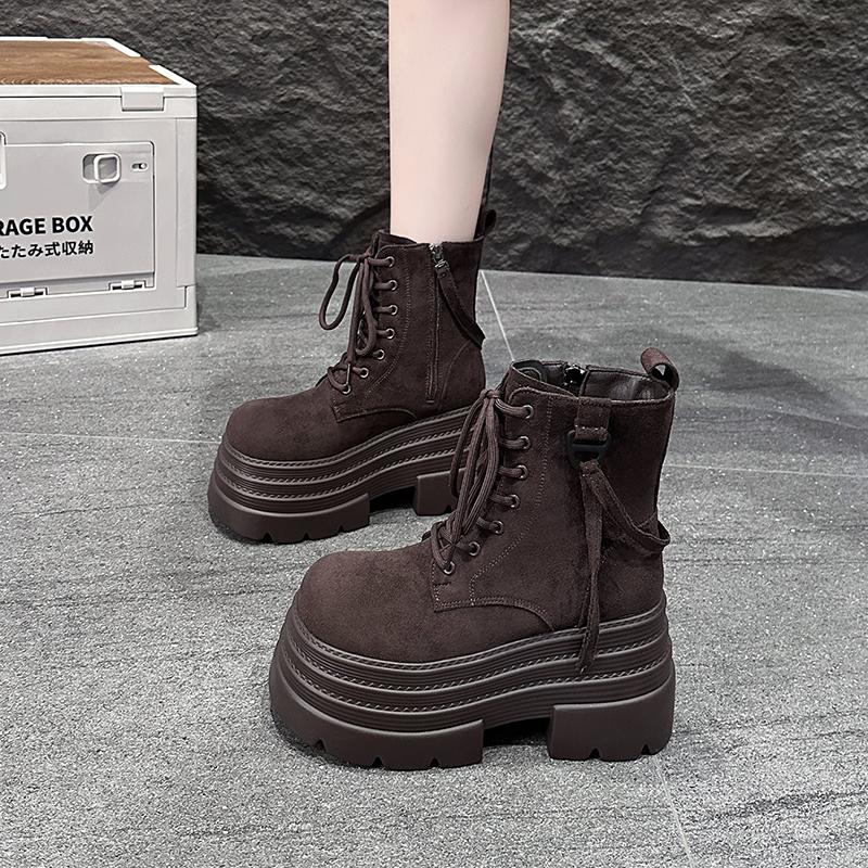 Fashion Women's Chunky Motorcycle Boots Autumn Suede Leather Hidden Heels Sneakers Winter Punk Boots 10CM Heels Platform Mid-calf Boots