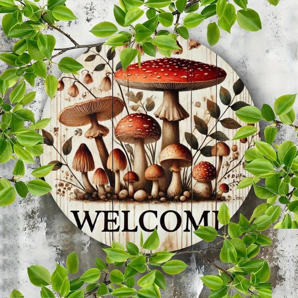 Metal Mushroom Sign Round Wall Art For Home Decor Garden Porch Plaque 7.8x7.8 Inch