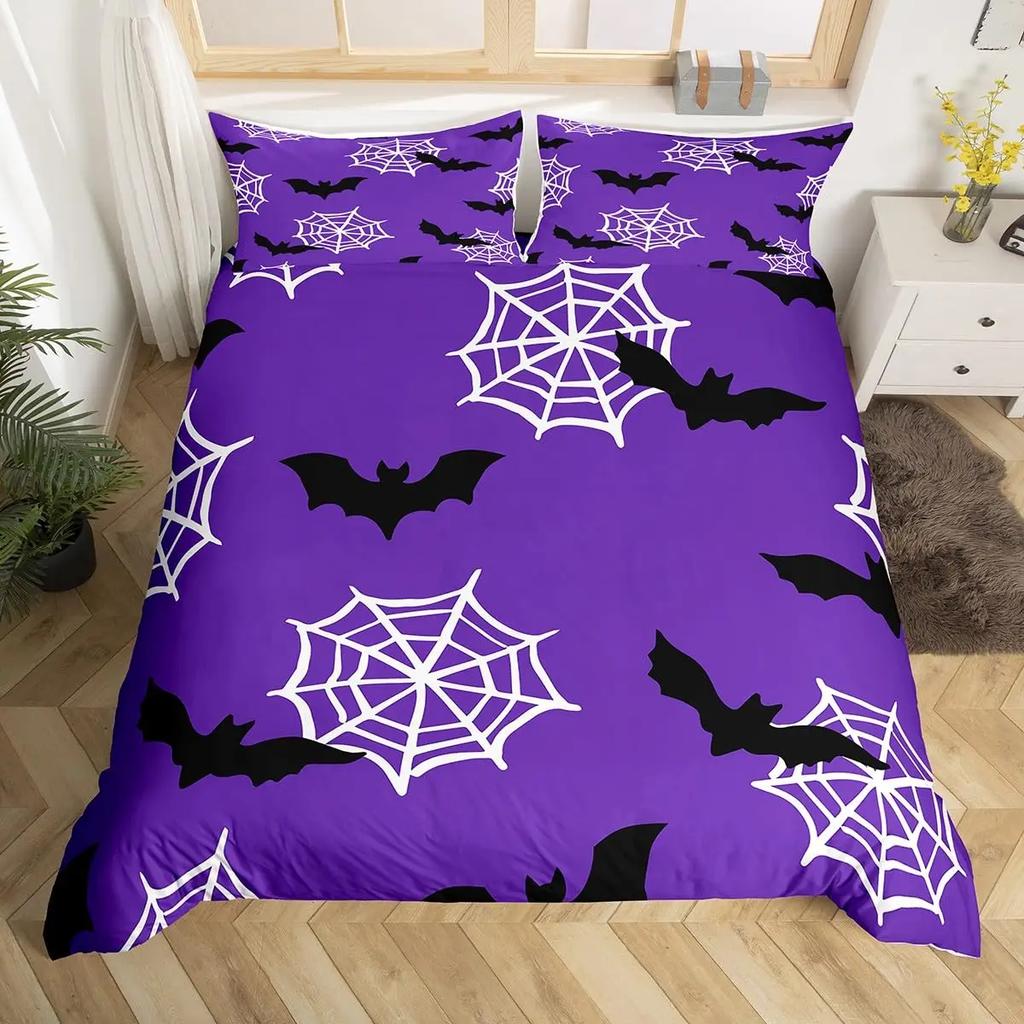 Spooky Dark Bats Duvet Cover Halloween Decoration Glitter Stars Moon Galaxy Bedding Set Cartoon Bat Gothic Comforter Cover Queen