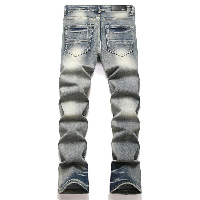 Style Denim Blue Slim Fit Elastic Ripped Patch Youth Straight-leg Cargo Jeans 3958