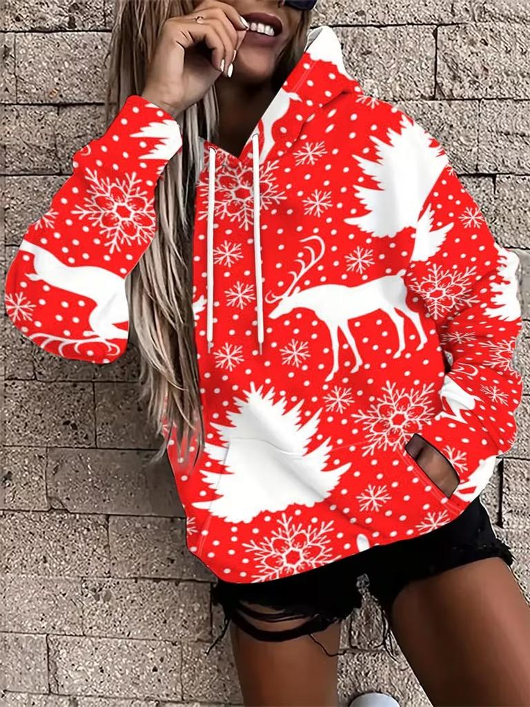 New Women's Christmas Style Hoodie Women's Long Sleeved Hooded Casual Pullover 3D Christmas Element Printed Loose Pullover Tops