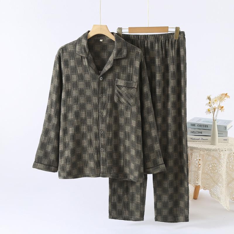 Pajamas Men's Japanese Spring and Autumn Cotton Yarn-dyed Plaid Loungewear Long Sleeve Pants Set Loose Large Size Loungewear