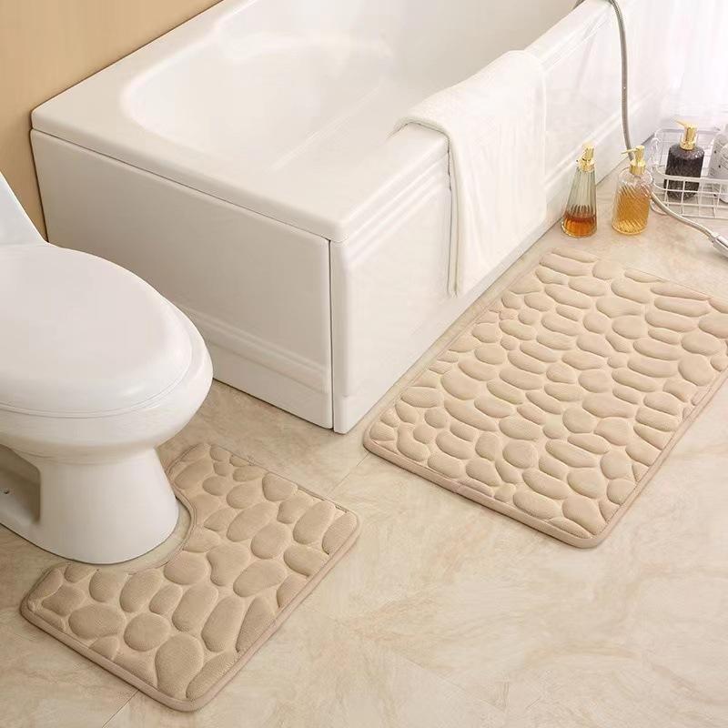 Non Slip Absorbent Bathroom Rug Set Grey Soft Pebble Design 1/2 Piece for Bathroom Toilet Front Floor Use