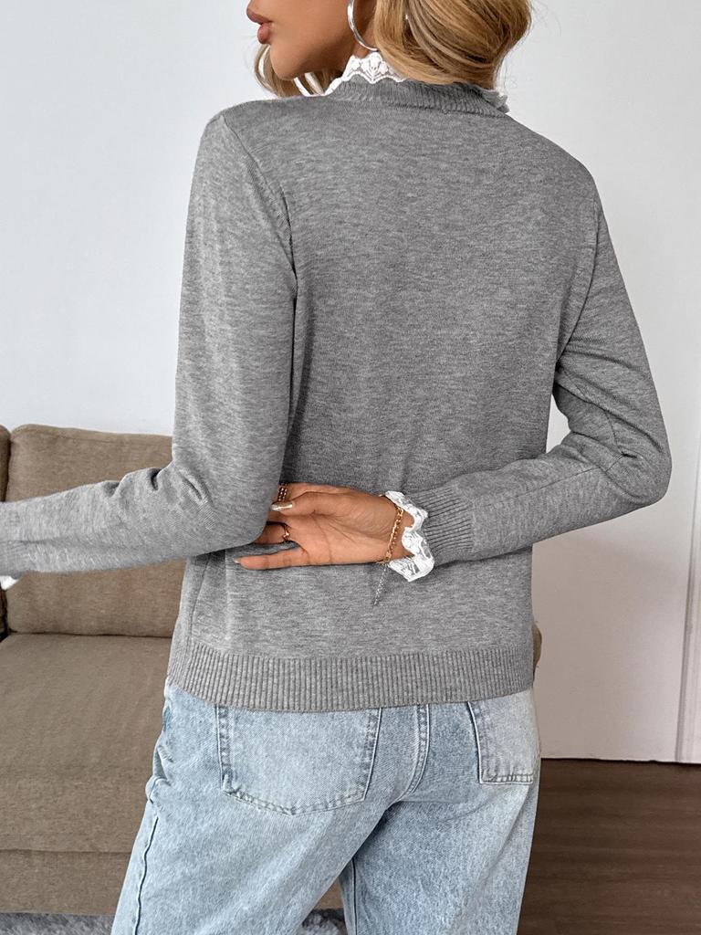 2025 Sweet Retro Women's Lace Patchwork Gray Sweater for Autumn/Winter