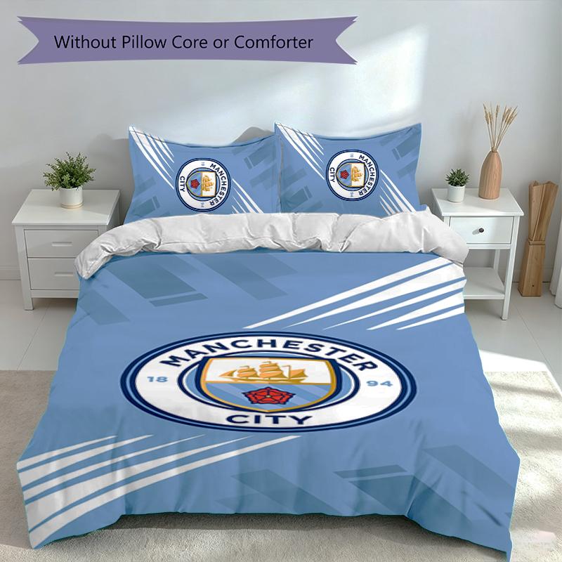 3pcs Manchester City Football Club Duvet Cover Set, Includes 1 Duvet Cover and 2 Pillowcases,Skin-Friendly&Comfortable Fabric,Suitable Bedding Sets