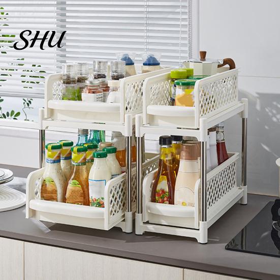 Double-layer Bathroom Organizer Sliding Under-sink Storage Rack Double-Layer Design Large Capacity Kitchen Shelf Strong Load-bearing Easy Assembly
