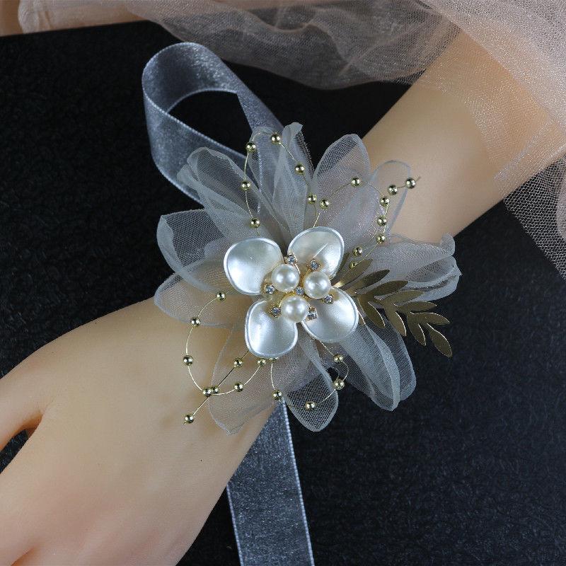 Korean Style Pearl Butterfly Wrist Corsage - Bridal & Bridesmaid Net Yarn Bracelet