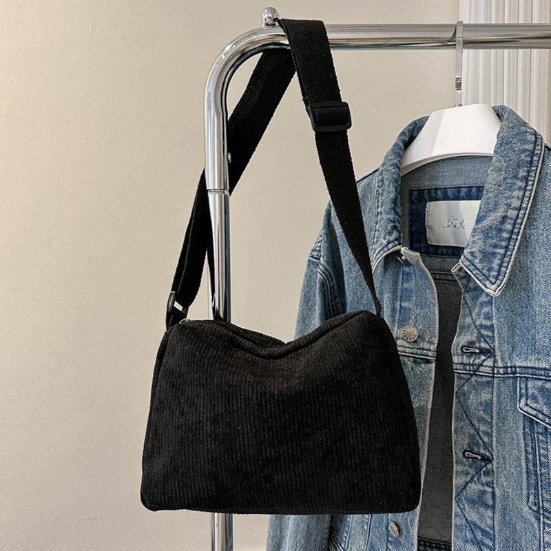 Solid Color Corduroy Shoulder Bag All-match Zipper Handbag Versatile Carry On Crossbody Bag