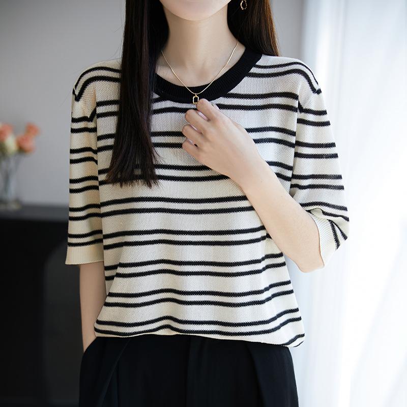 

Тенсел свитер с круглым вырезом в полоску вязаный с коротким рукавом женский летний новая мода универсальный градиент цвета рукав три четверти базовая футболка топ XL чёрный