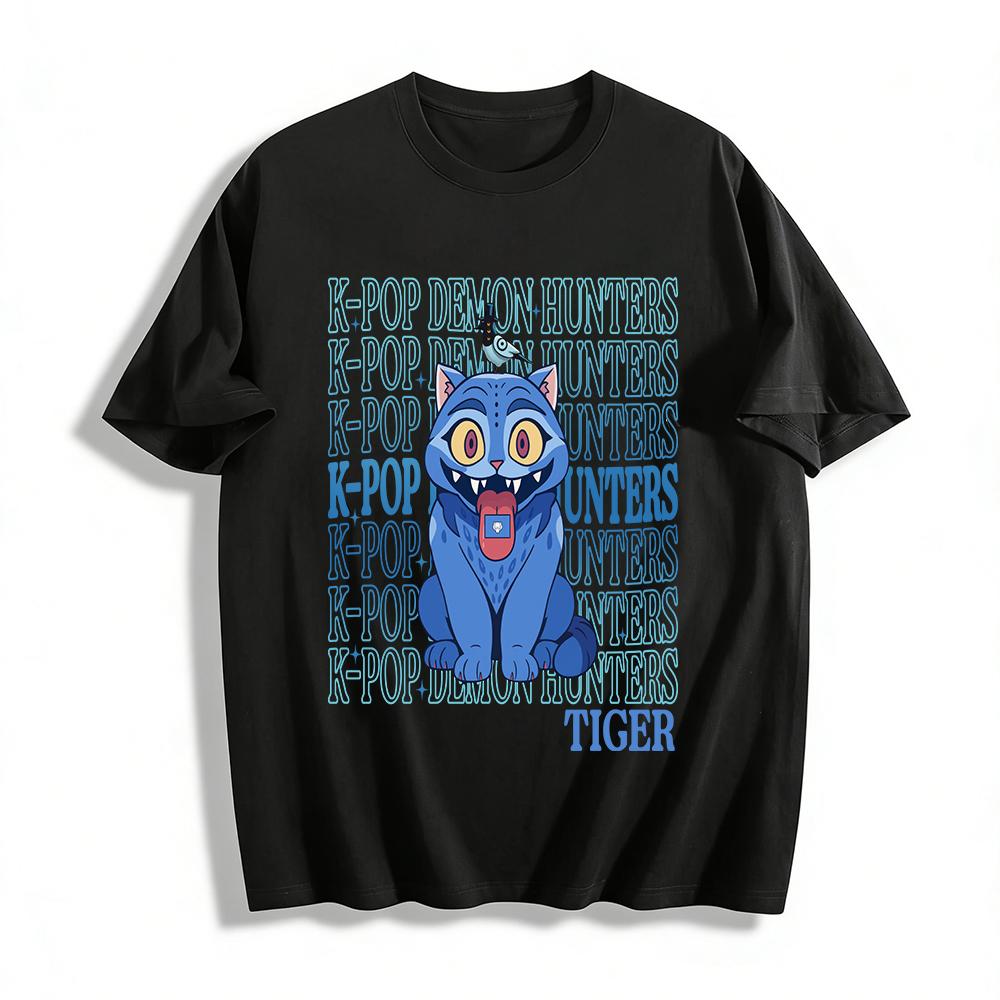 

K-POP Demon Hunters Blue Tiger Print T-shirt Trendy Subculture Cute Cool Loose Casual Top Pure cotton T-shirt 6XL