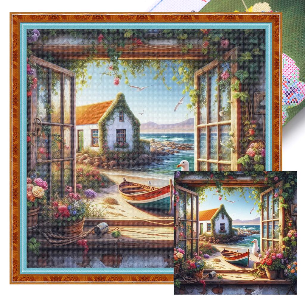 Window View Full 11CT DIY Stamped Needlework Embroidery Kit 40x40cm Printed Cross-Stitch Kits for Beginners Adults Home Decor