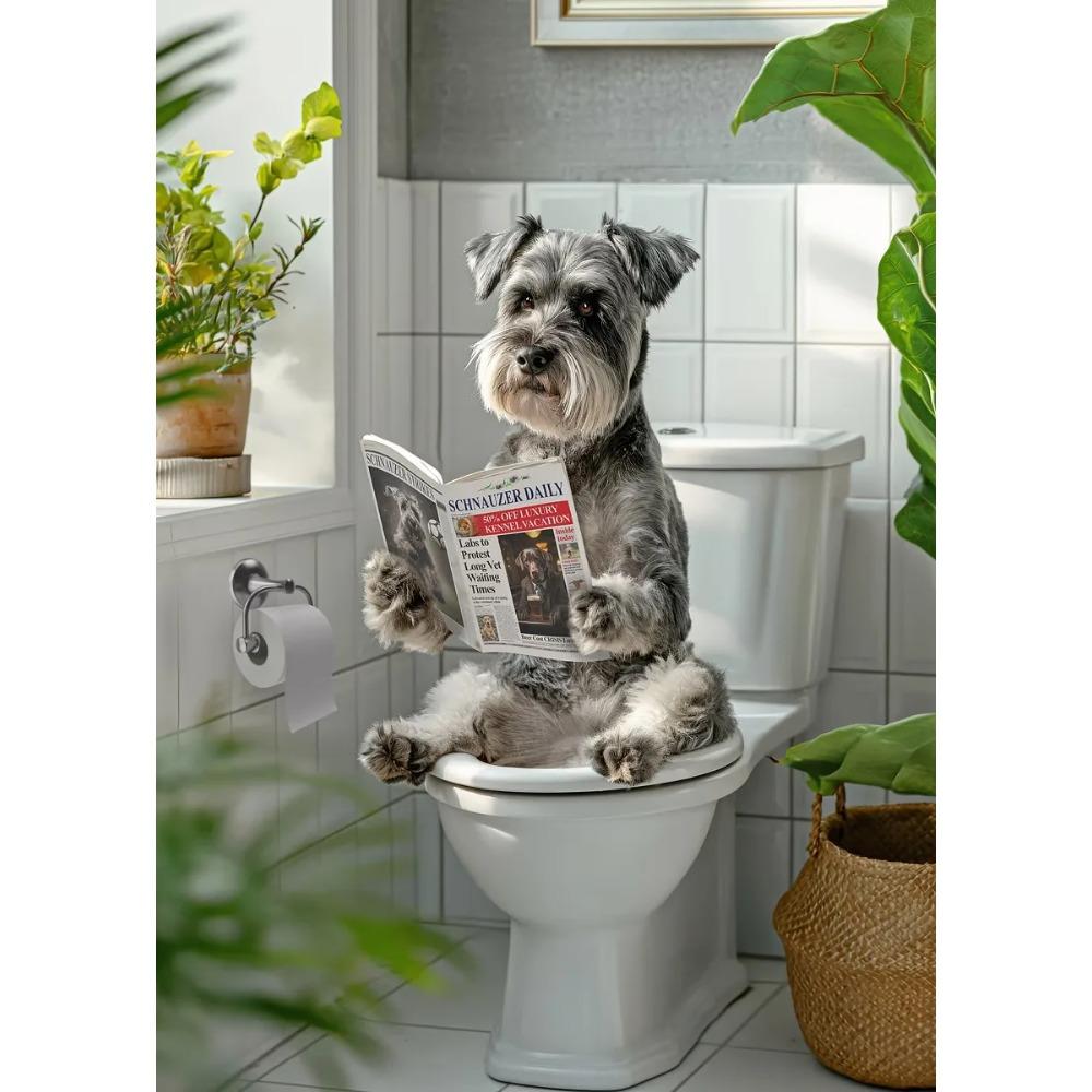 Funny Bathroom Poster Dog Reading Newspaper On Toilet Prints Pet Owner Gift Canvas Painting Wall Art Picture Home Bathroom Decor