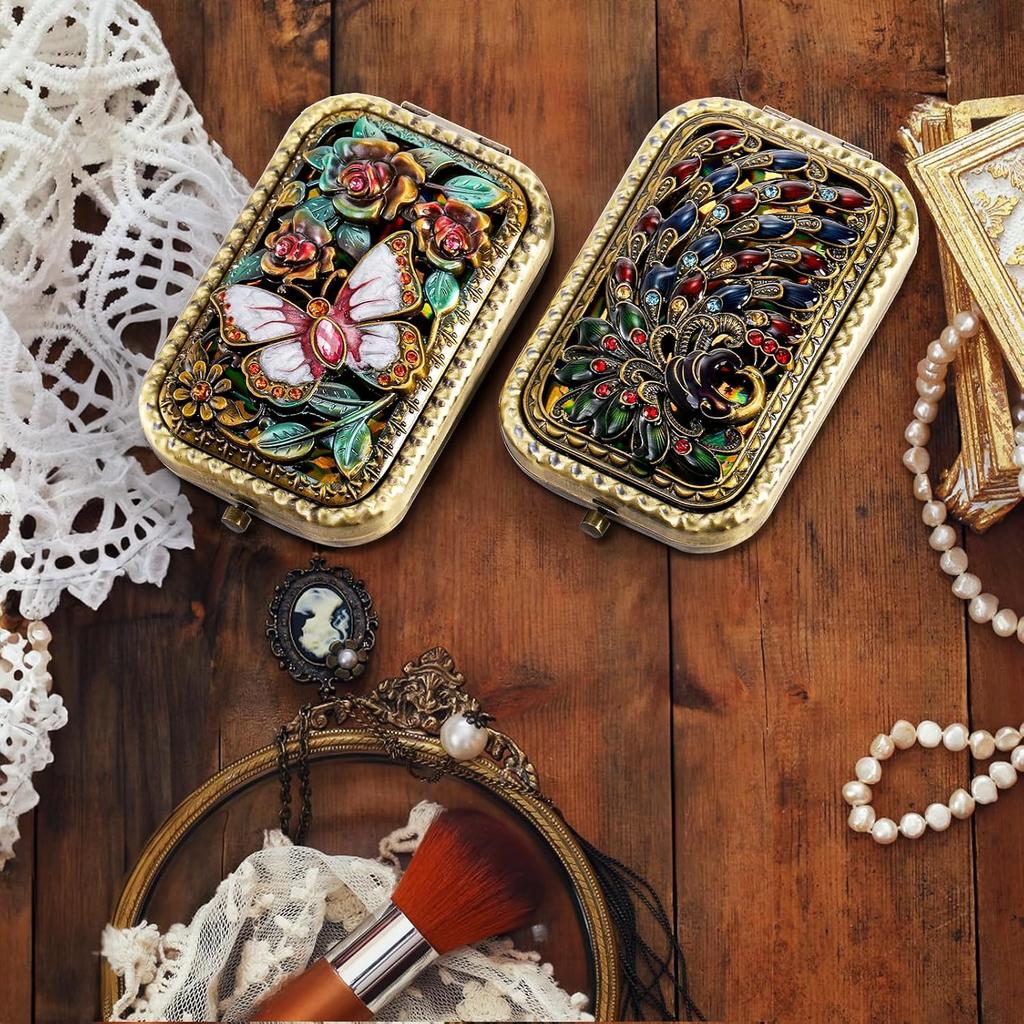 2 Pcs Vintage Foldable Makeup Mirror, Portable Cosmetic Pocket Mirror, Double Sided Butterfly Peacock Vanity Mirror, Metal Compact Small Folding