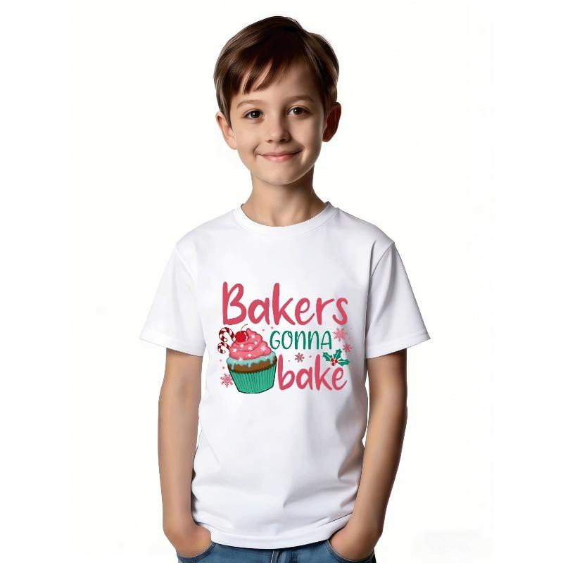 European Sizes Creative Baking T-Shirt for Girls - Features a Playful Pink Design with Handwritten Letters, Perfect for Holiday Gatherings