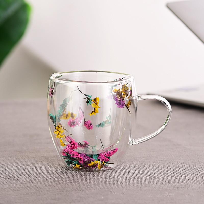 250ml Double Wall Coffee Mug Flower Filler Glass Cups Tea Coffee Cup With Handles Heat Resistant Mug Gift