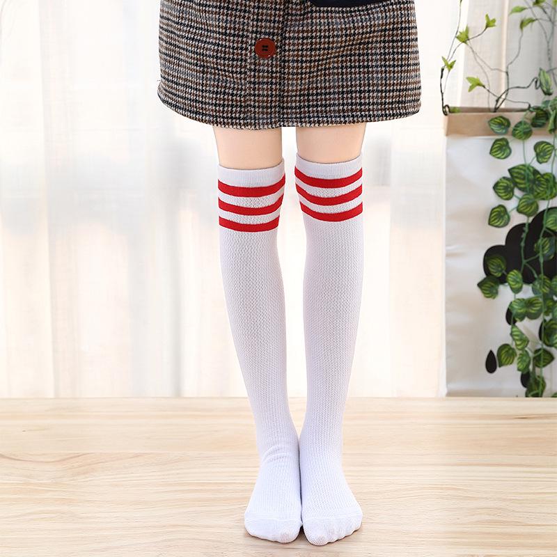 Kids' Three-Stripe Mesh Mid-Calf Cotton Slouch Socks - Breathable Spring & Summer Over-the-Knee Football Socks
