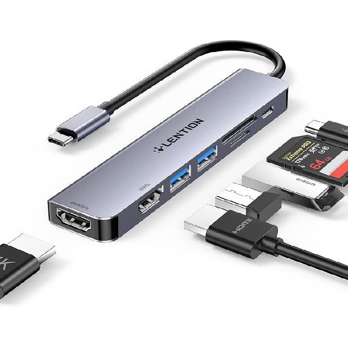LENTION Laptop USB C Docking Station, Multiport with Dual Monitor HDMI 4K@60Hz, PD 100W, 5Gbps USB-A*2 Ports, SD/Micro Card Reader for 2025-2016 7-in-1(Portable)