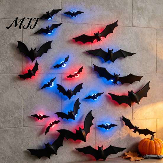 Easy Stick Halloween Wall Art LED Flying Bat, 3D Glowing Creepy Bats Decor, Festive Holiday Party Decorations 6 Sizes Durable PVC Ornaments for Indoor