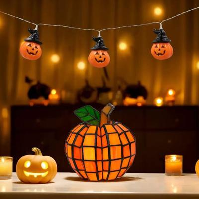 Stained Glass Pumpkin Lantern Handmade Halloween Pumpkin Lamp Starry Night Glass Decor Indoor Fall Decoration