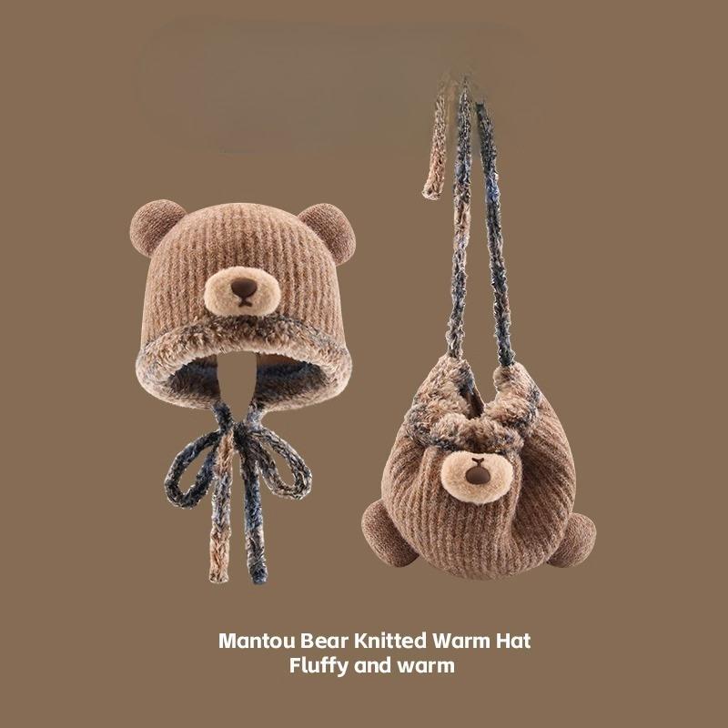 Plush Bear Bag Hat Women's Autumn and Winter Warmth  Fleece Woolen Hat  Cold Proof Ear Protecting Knitted Hat