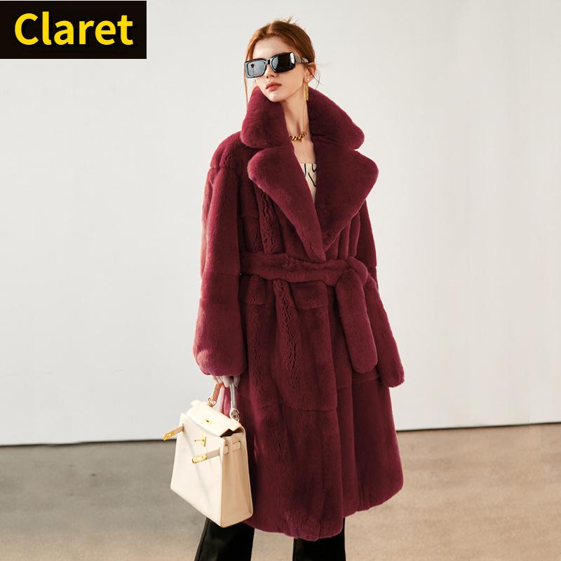 Warm Suit with Large Lapel Collar and Waist Cinched Fur Fur for Women's Long Coat, Plush Jacket