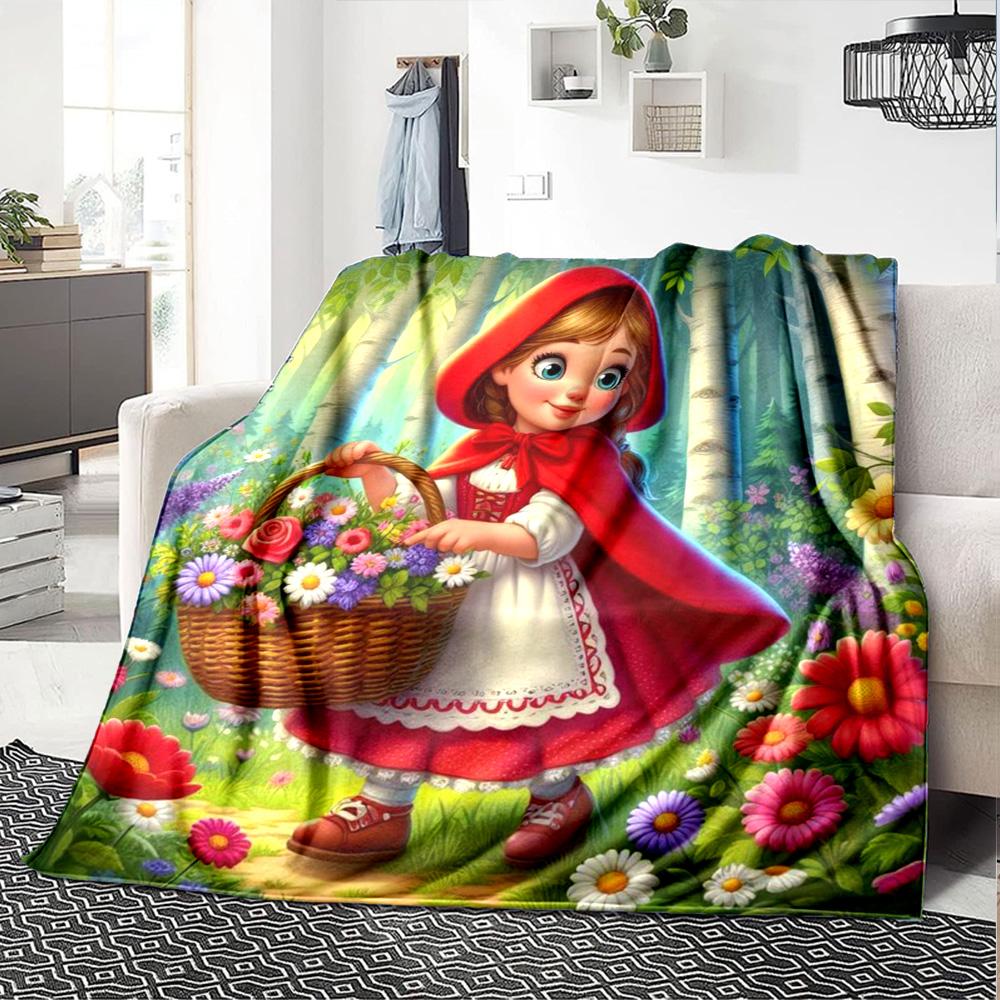 Little Red Riding Hood Holding Flower Basket Birch Forest Print Flannel Blanket Soft Warm Throw Blanket For Sofa Bedroom