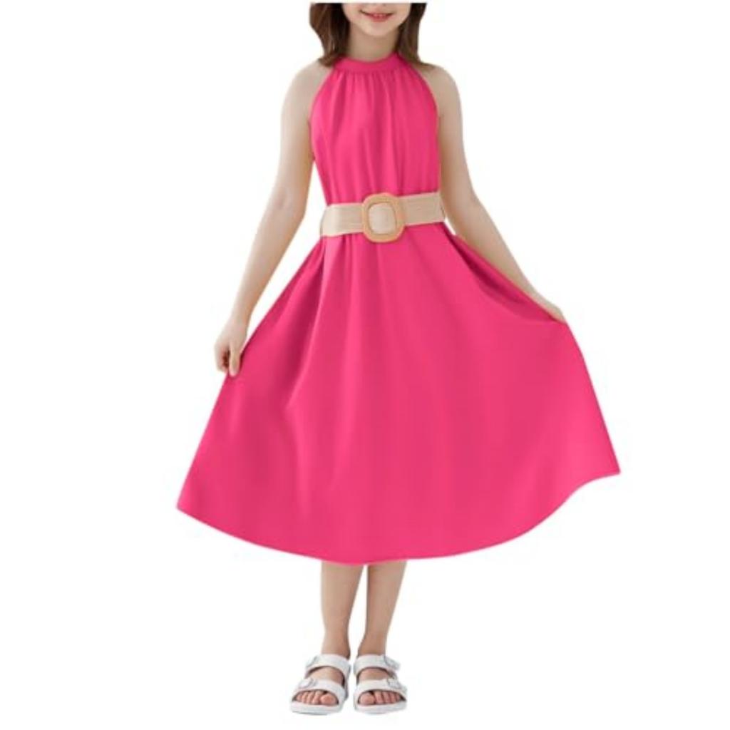 Girls Casual -Neck Sleeveless Waist-defined One-Piece Dress