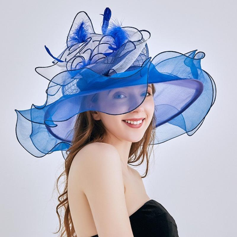 Fashion Flower Fascinator Hats For Women Ladies Kentucky Derby Wide Brim Wedding Church Organza Sun Hat Elegant Large Fedoras