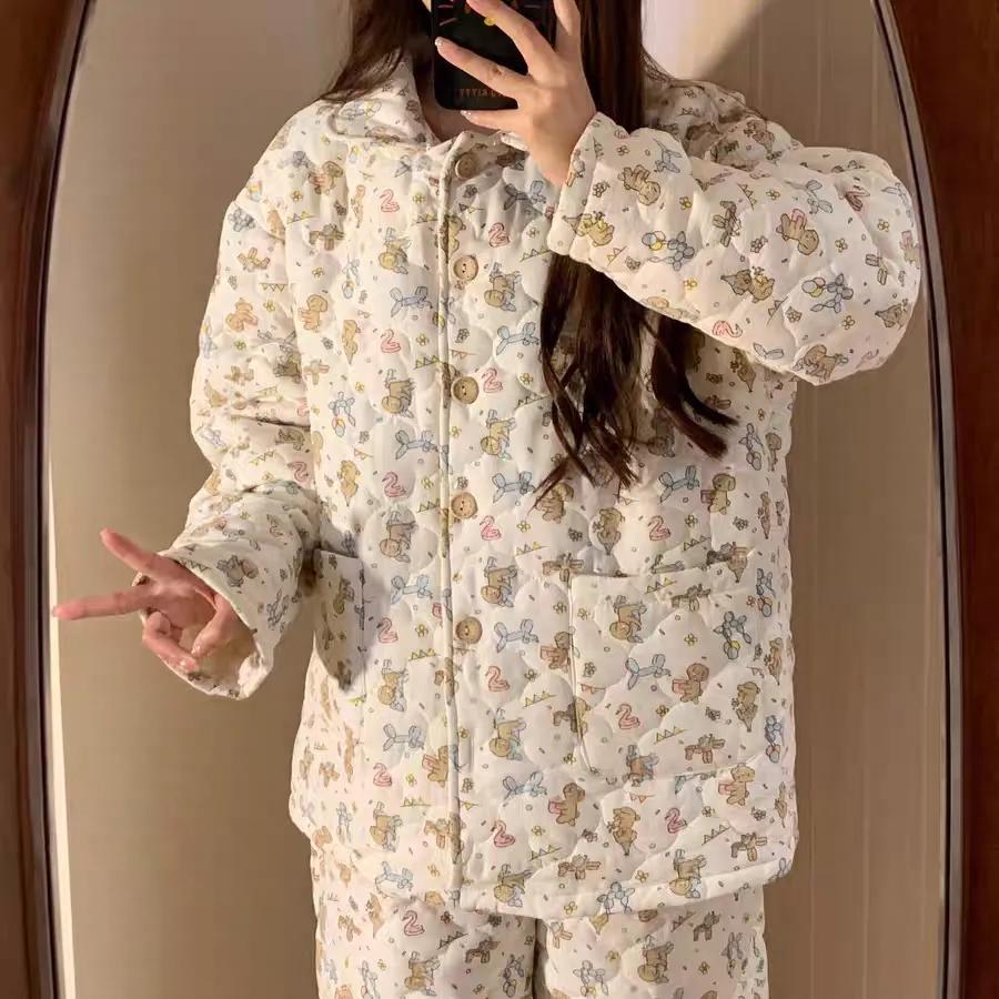 Air Quilted Pajamas Women's Winter Cute Puppy Cardigan Long-sleeved Thick Warm Home Service Suit Autumn and Winter