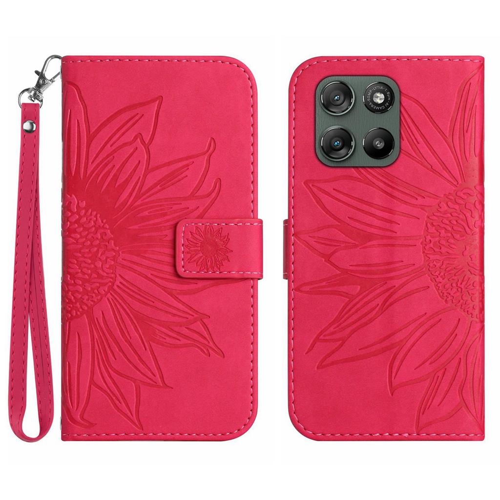 For Motorola Moto G67 Power 5G Case Sunflower Imprint Leather Wallet Phone Cover with Wrist Strap